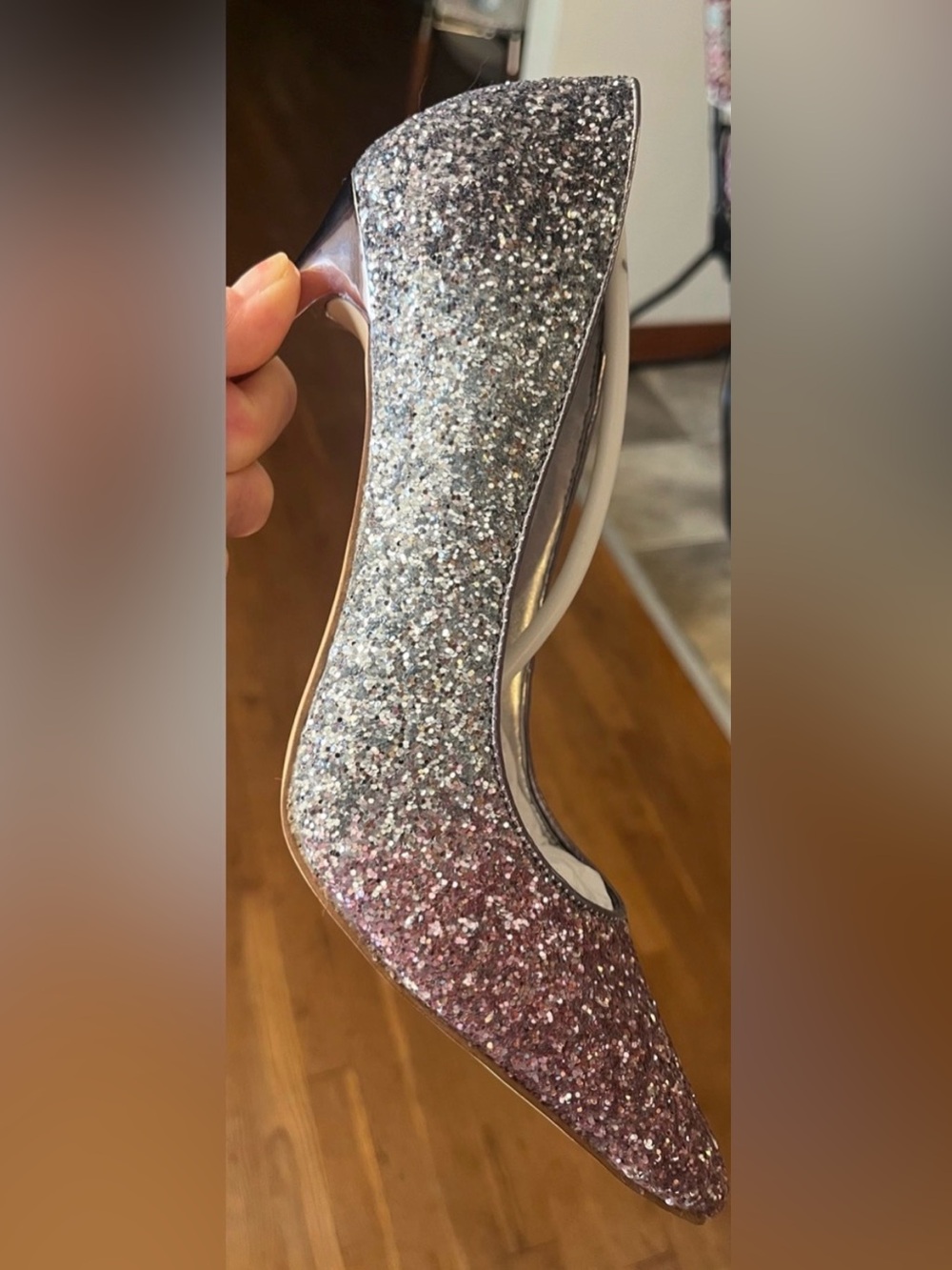 Glitter Pointed-Toe Stiletto Pumps in Rose Silver